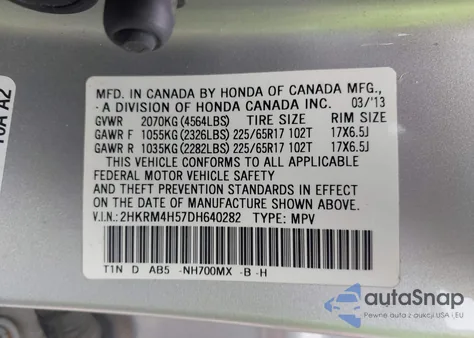 2013 Honda Cr-V Ex из США, поврежденный, VIN 2HKRM4H57DH640282